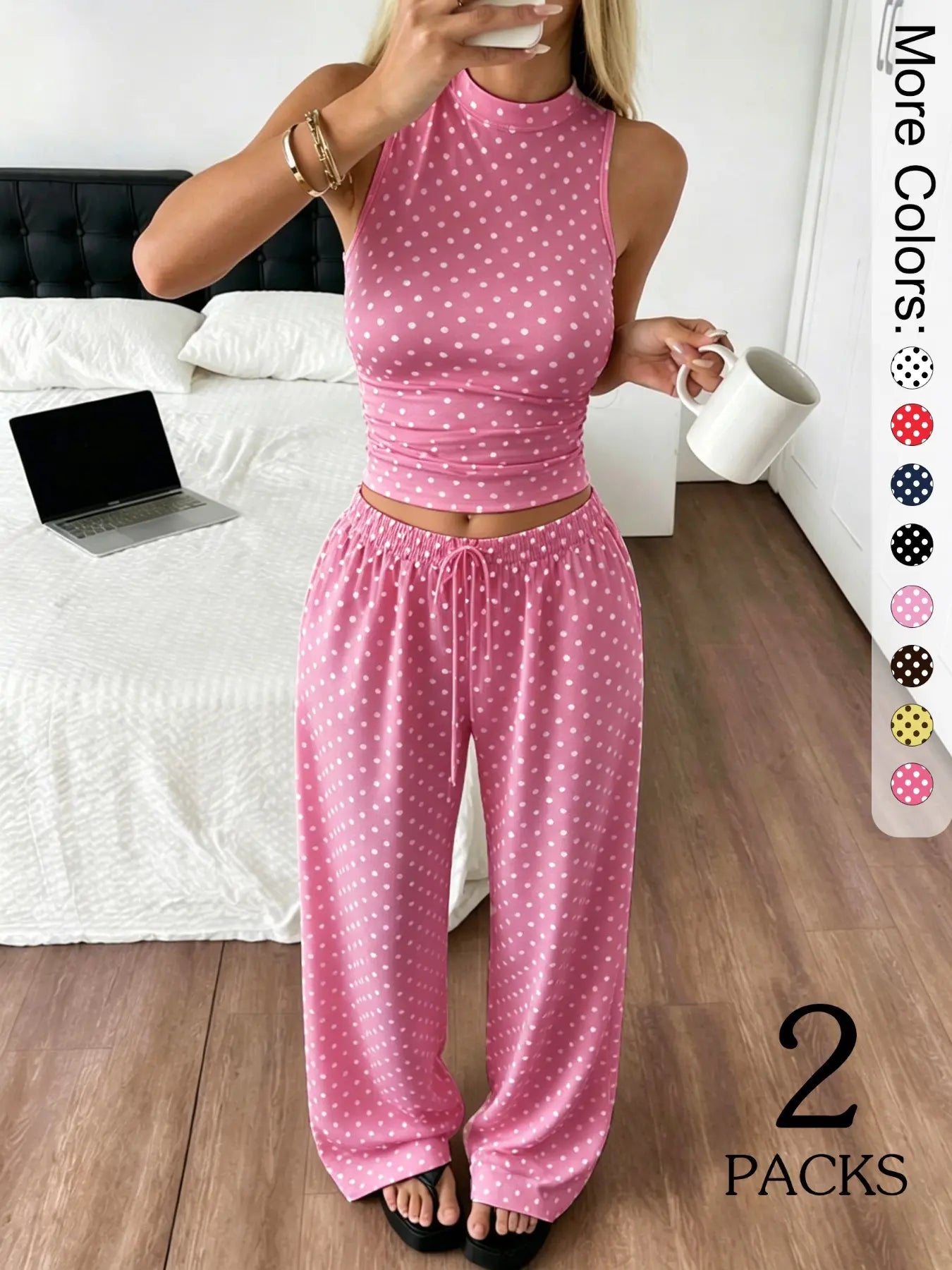 2 Pack Women's Polka Dot Loungewear Set, Sleeveless High Neck Crop Top & Wide Leg Pants, Clean Girl Style Minimalist Summer Outfits with Drop Waist, Slim Fit Lingerie Outfit for Daily Wear & Casual Lounging