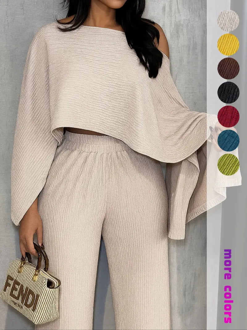 Two-Piece Set Women's Solid Color Knit Top & Elastic Waist Pants