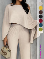 Two-Piece Set Women's Solid Color Knit Top & Elastic Waist Pants