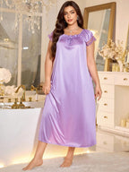 MuseNap CURVE Plus Size Women Pleated Square Collar Embroidered Satin Nightgown