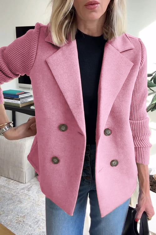 Women's Lapel Button Knitted Patchwork Sleeve Casual Coat