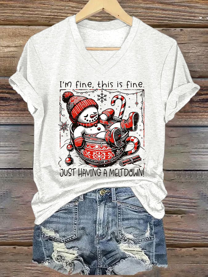 V-Neck Retro Christmas Funny Snowman Hot Cocoa I'm Fine, This Is Fine Just Having A Meltdown Print T-Shirt