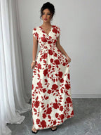 Elenzga Women V-Neck Allover Print Casual Long Dress