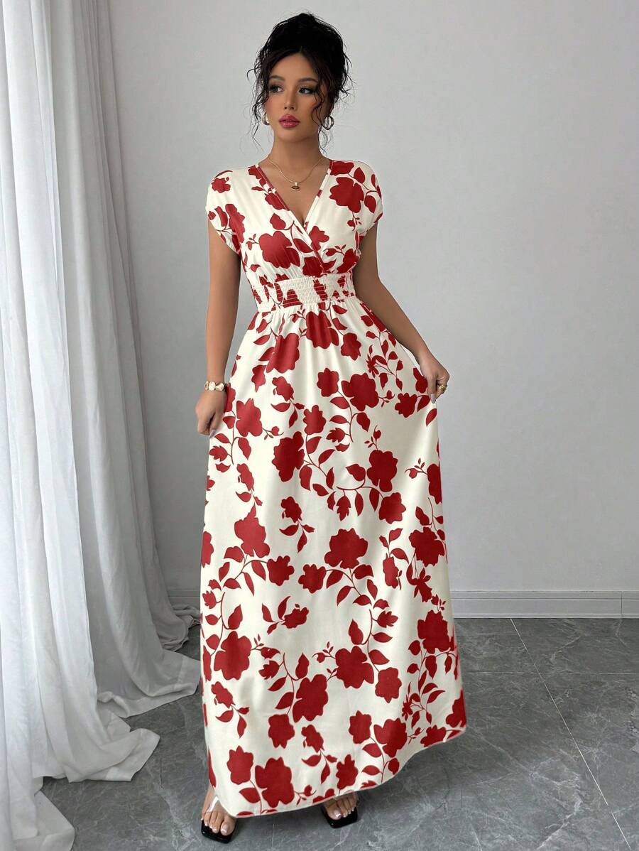 Elenzga Women V-Neck Allover Print Casual Long Dress