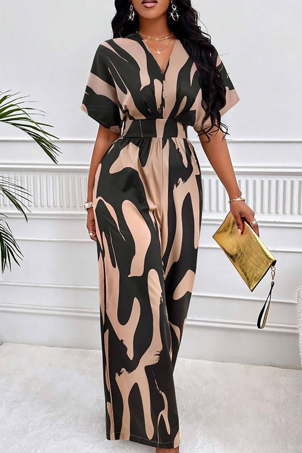 Abstract Print V Neck Short Sleeve High Waist Wide Leg Jumpsuit-Black