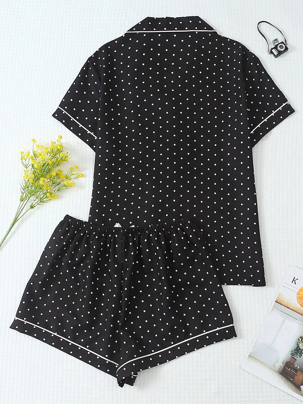 2pcs/Set Women's Mini Polka Dot Printed Pajama Set With Contrast Trim Button-Down Shirt And Bowknot Shorts, Perfect For Home Wear In Summer White Set,Two Pieces Set