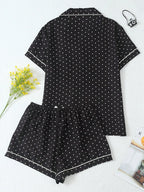 2pcs/Set Women's Mini Polka Dot Printed Pajama Set With Contrast Trim Button-Down Shirt And Bowknot Shorts, Perfect For Home Wear In Summer White Set,Two Pieces Set