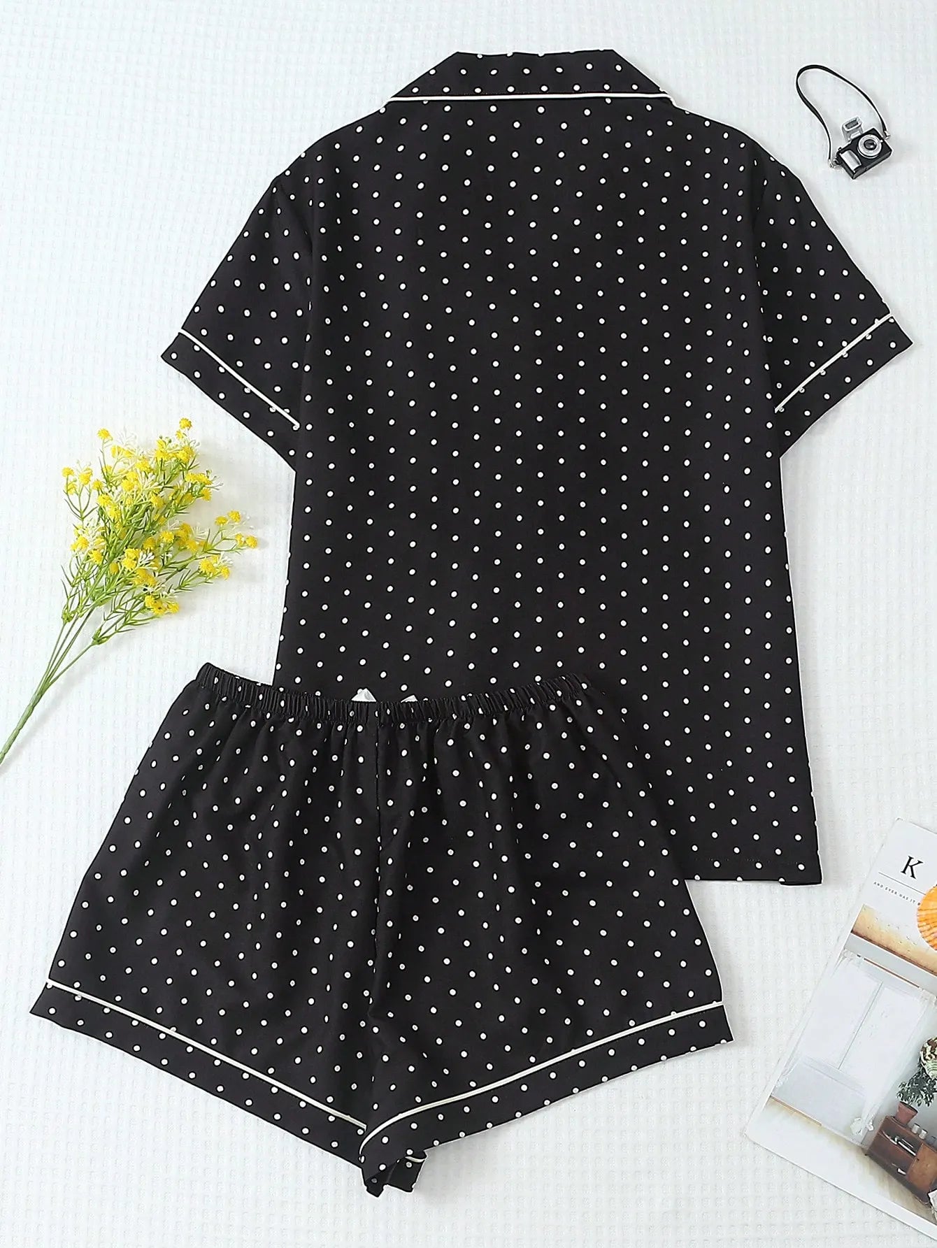 2pcs/Set Women's Mini Polka Dot Printed Pajama Set With Contrast Trim Button-Down Shirt And Bowknot Shorts, Perfect For Home Wear In Summer White Set,Two Pieces Set