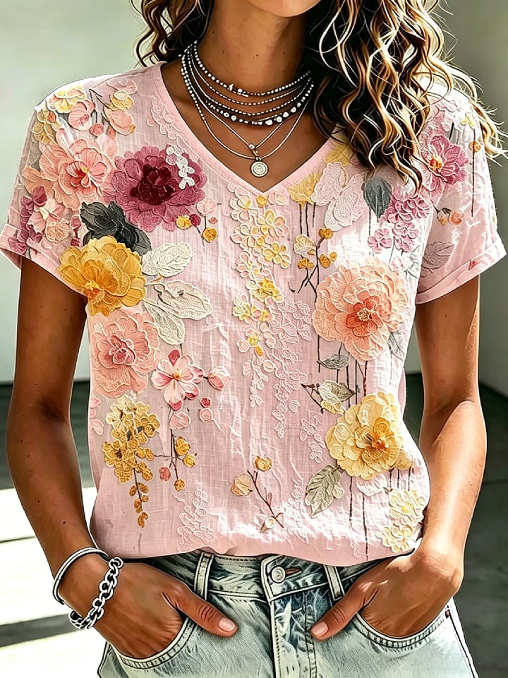 Women's Casual Retro Short-Sleeve Top with Floral Breast Cancer Awareness Print