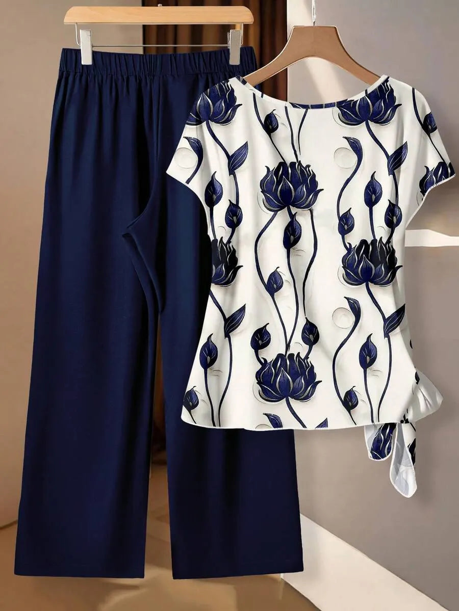 Women's Purple Floral Contrast Color Tie Bow Blouse And Straight Leg Loose Pants 2 Pieces Set,Casual Vacation Summer