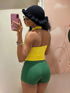 StreetHx Women 2-Piece Set:Yellow Vest Top,Blue Shorts.HypeZone-D Spaghetti Strap Camisole,Letter Print,Slim Fit For Gym,Summer,Y2k,Sports,Beach Outfits