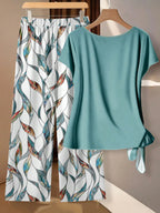 Women's Casual Printed Necktie Shirt and Loose Straight Pants Set, Perfect for Spring and Summer, Comfortable Two-Piece