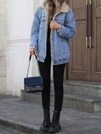 Women's Fall Winter Casual Fashion Jacket, Elegant Solid Color Stand Collar Thickened Warm Denim Coat, Versatile Outerwear for Women
