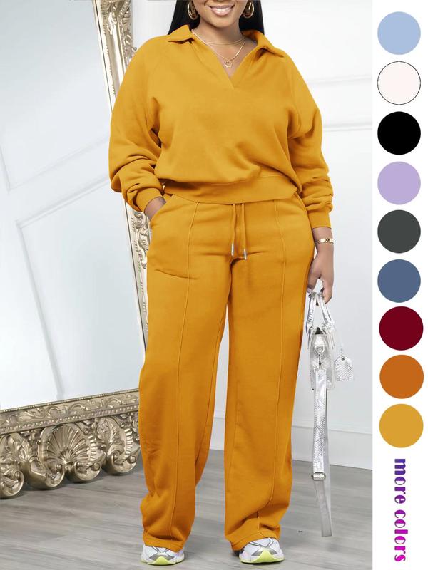 Women's Sets 2 Piece Outfit Long Sleeve Lapel V Neck Sweatshirt and Drawstring Wide Leg Pants Sweatsuits