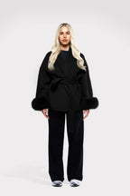 Women's Elegant Solid Color Waist Tie Fuzzy Cuff Wrap Coat, Premium Plush Long Sleeve Thermal Coat, Outerwear Jacket for Fall & Winter(CN/US)