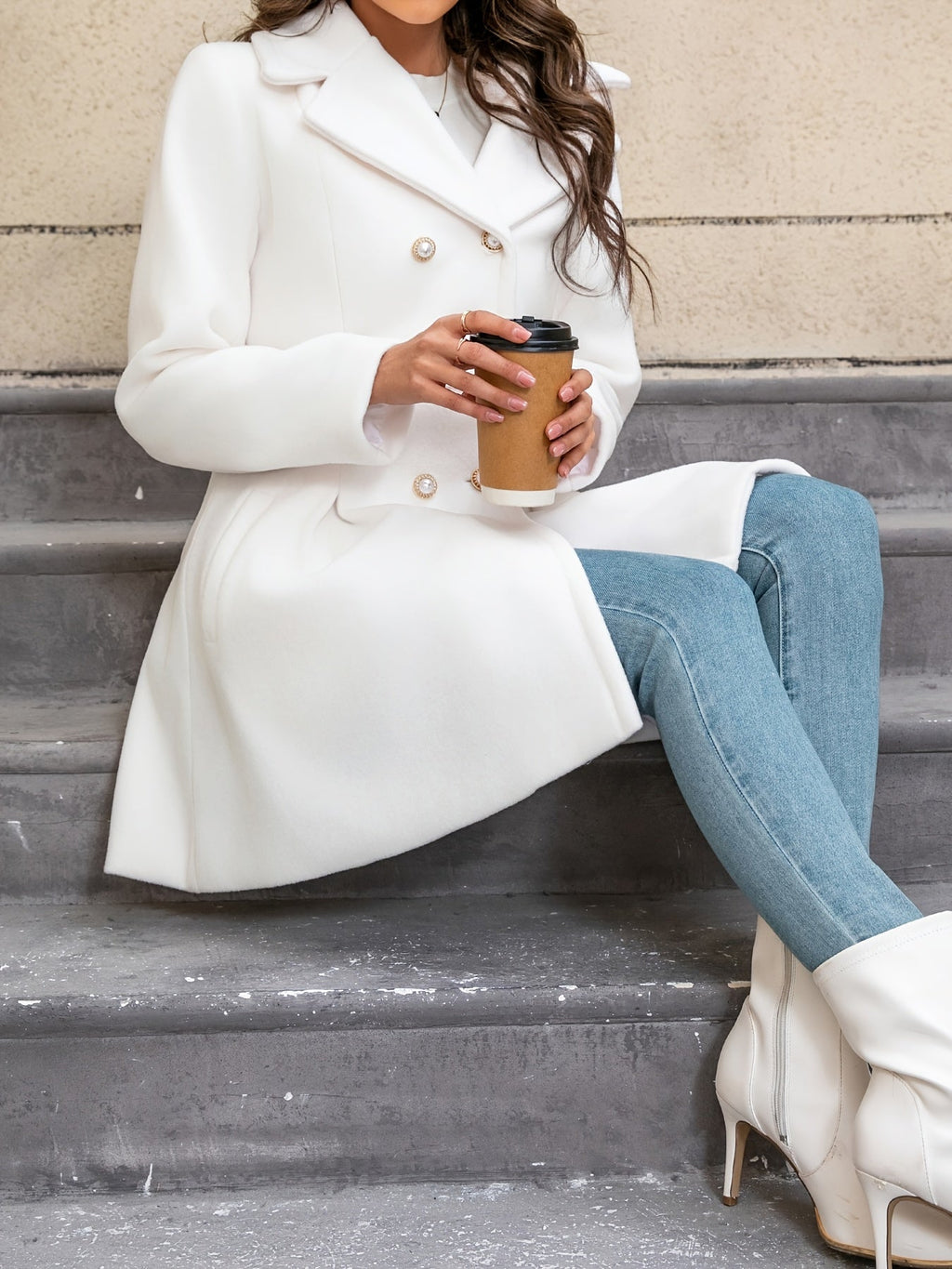 Women's Solid Double Button Pocket Overcoat, Casual Long Sleeve Lapel Neck Outerwear for Fall & Winter, Women's Clothes for Daily Wear, Clothing for Women, Cute Tops