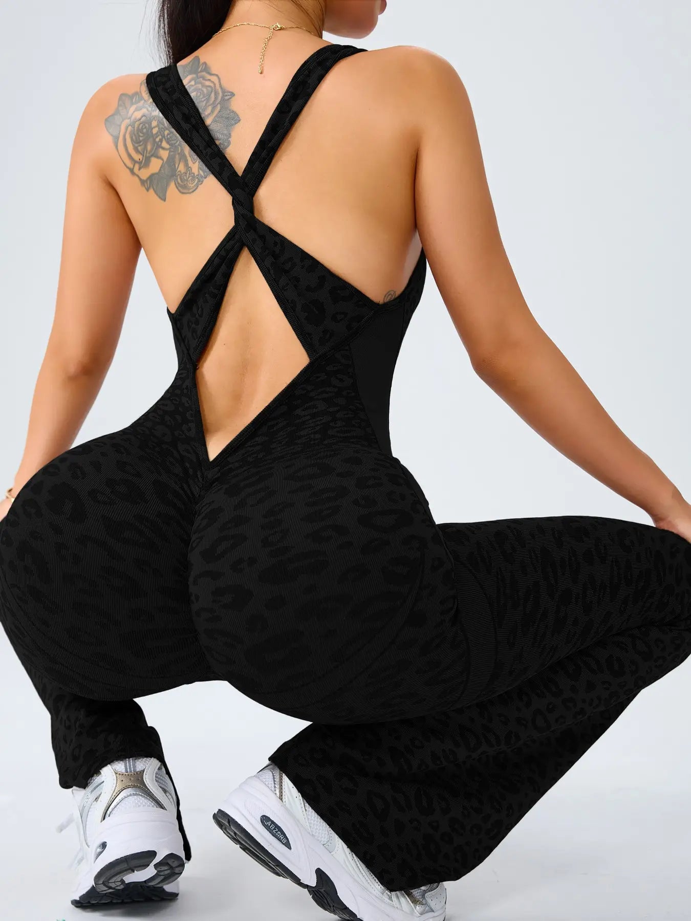 Women's Leopard Print Yoga Jumpsuit - Cross Strap, Slim Fit