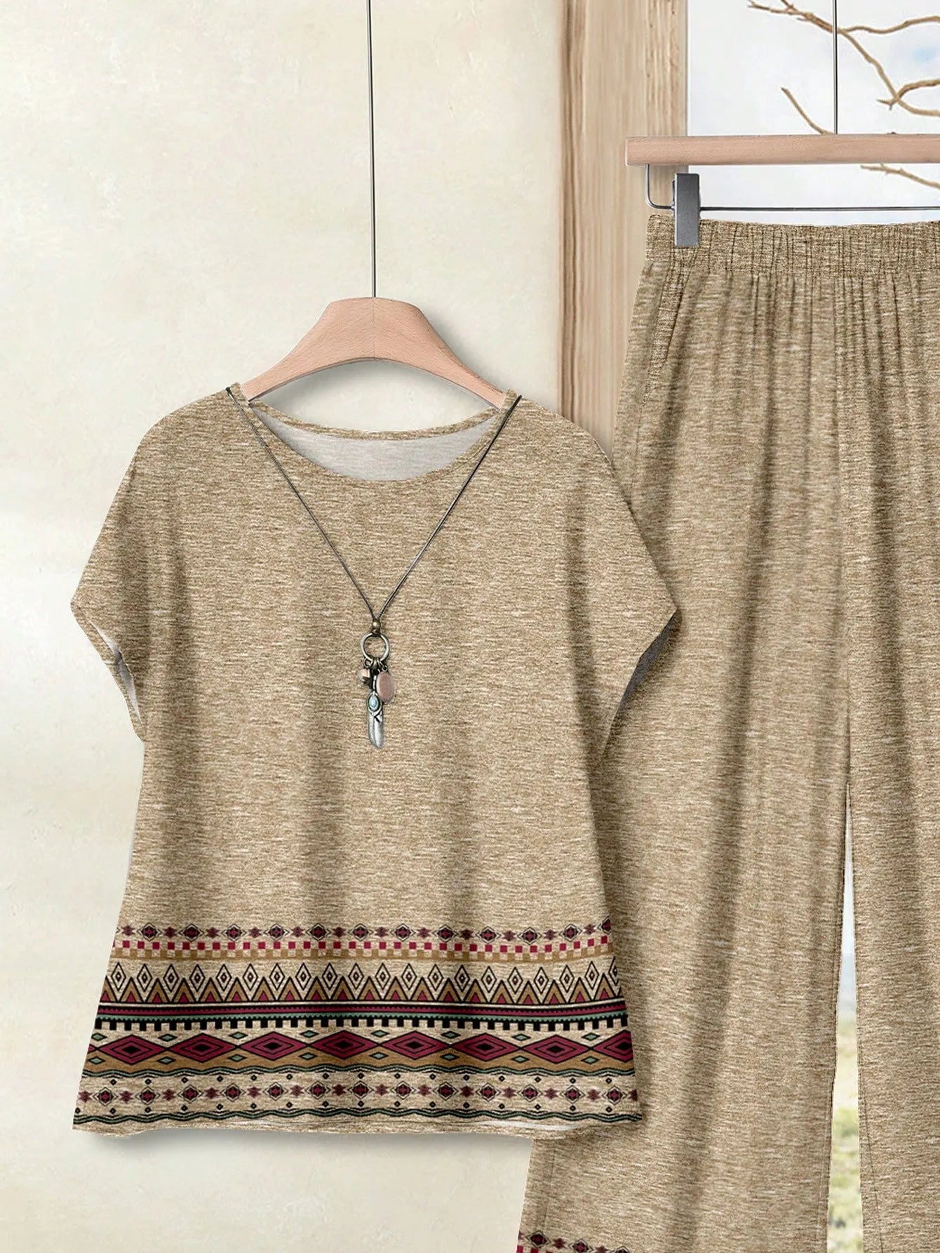 Women's Navy Blue Floral Summer Boho Casual Vacation Holiday 2 Pieces Outfits Plants-Pattern Pants And Round Neck Batwing Sleeve Blouse Woven Set