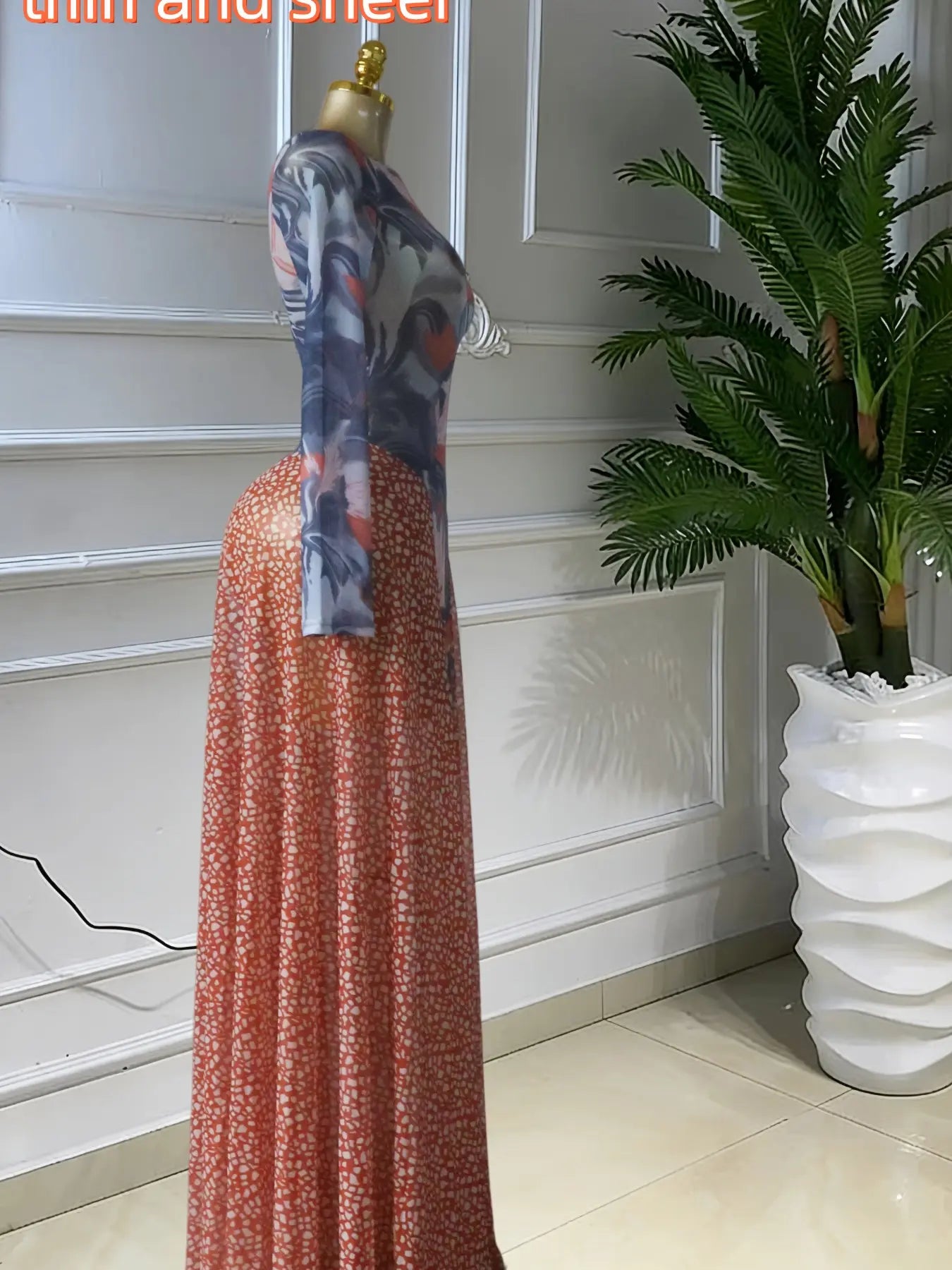 Elegant Chic Women's O-neck Long Sleeve Big Swing A-line Formal Prom Dress, Evening Formal Wear, Sexy Party Outfit Evening Gown, Street Beach Summer Vacation Maxi Sheer Print Dress, Female Fashion Music Festival Dress,Lady Cocktail Skirt