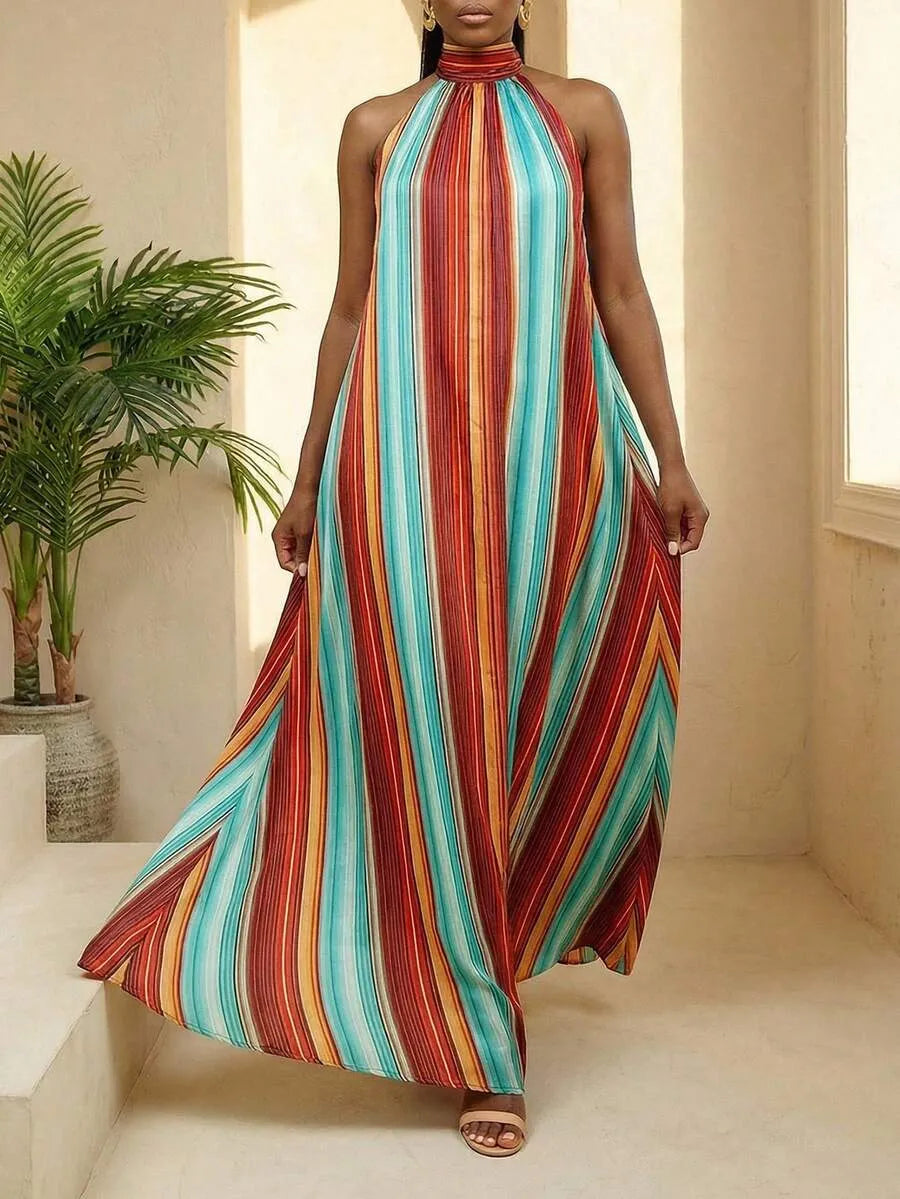 BamGlimmer Women's Colorful Striped Backless Dress For Vacation Resort Wear Multicolor Dress Pleated Maxi Dress Juneteenth Dress Rainbow Dresses For Women