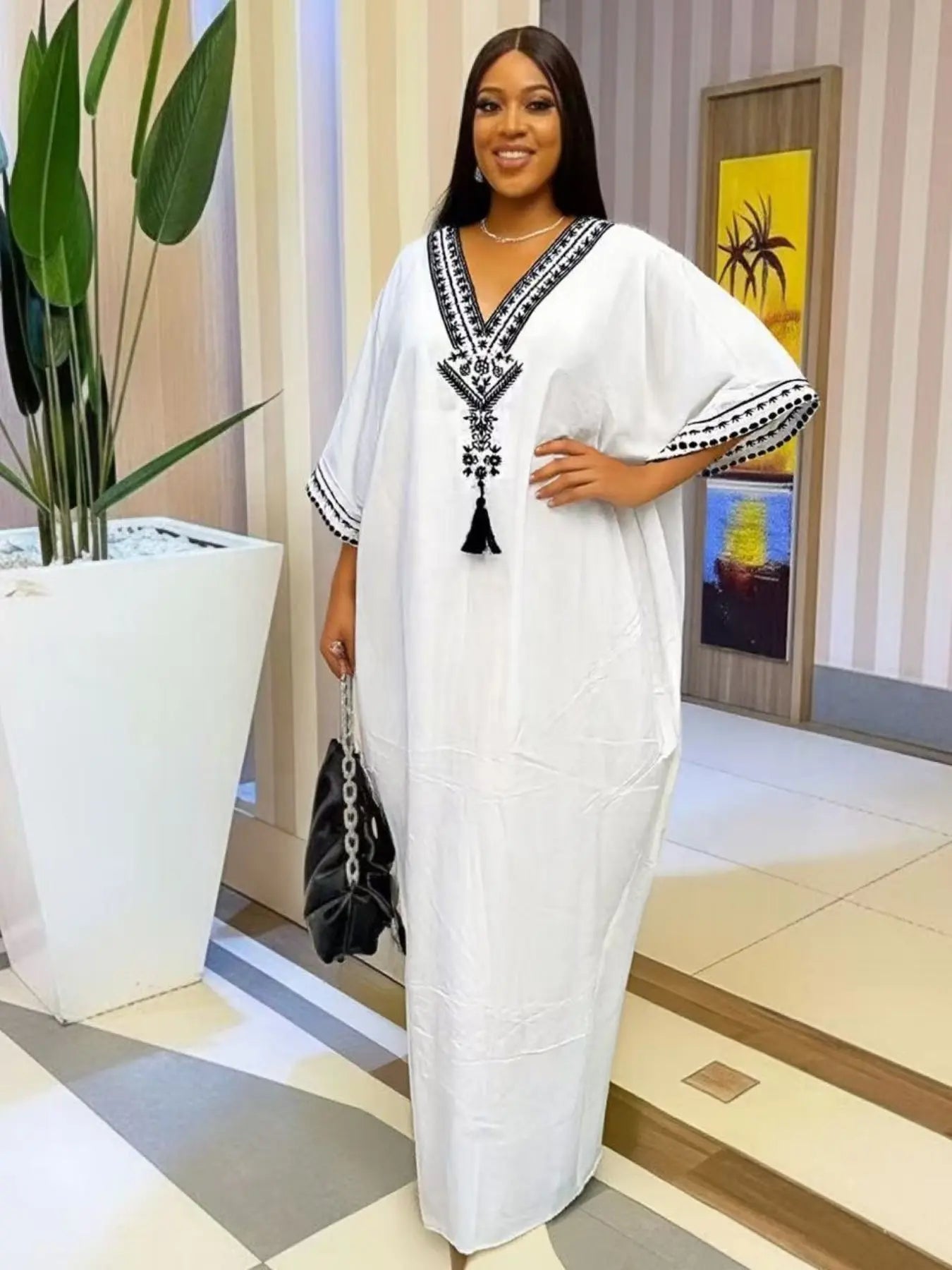 Women's Summer Solid Color Embroidered Fringe Caftan Casual Dress with Pockets and Side Slit