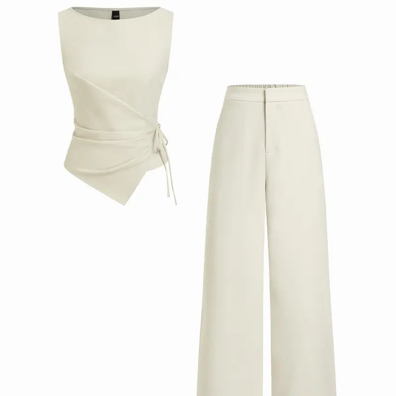 Cider Boat Neck Striped Wrap Knotted Top & Mid Rise Straight Leg Trousers Set– Office & Weekend Casual SwimWeek