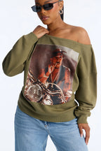 Tupac Motorcycle Off Shoulder Lounge Sweatshirt - Dark Olive