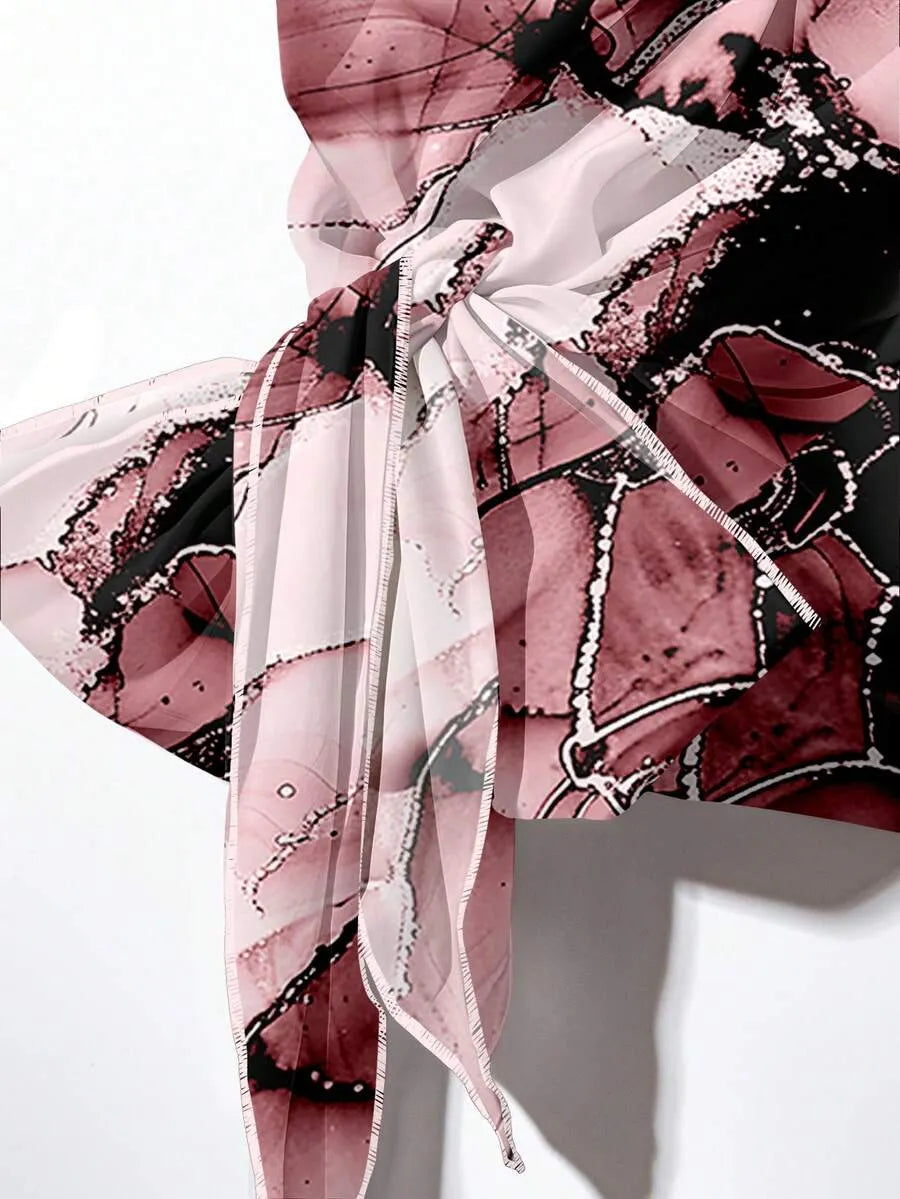 Women's Aqua Blue Summer Casual Vacation Holiday 2 Pieces Set,Abstract Floral Pattern Shirt With Tie Bow & Loose Straight Leg Pants,Vintage Style