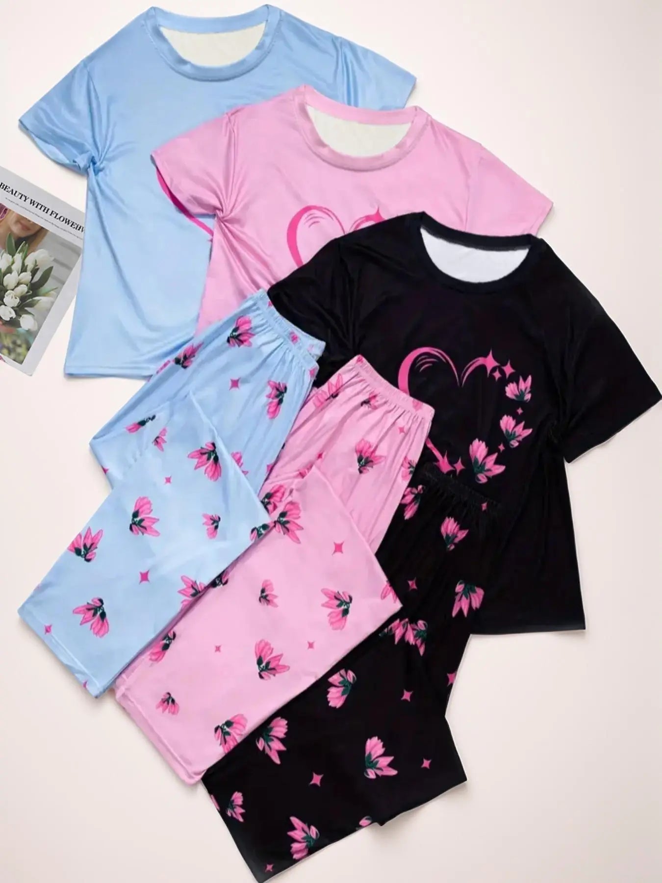 6 Counts Women's Heart & Butterfly Print Pyjama Set