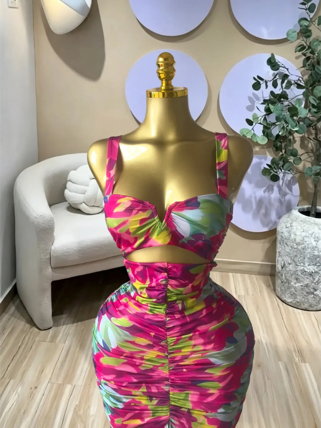 Elegant Women's Tropical Floral Print Cut Out Ruched MIdi Prom Dress, Summer Birthday Party Outfit Club Cocktail Gown, Lady Casual Skirt,Female Brunch Dresses,Graduation Dresses