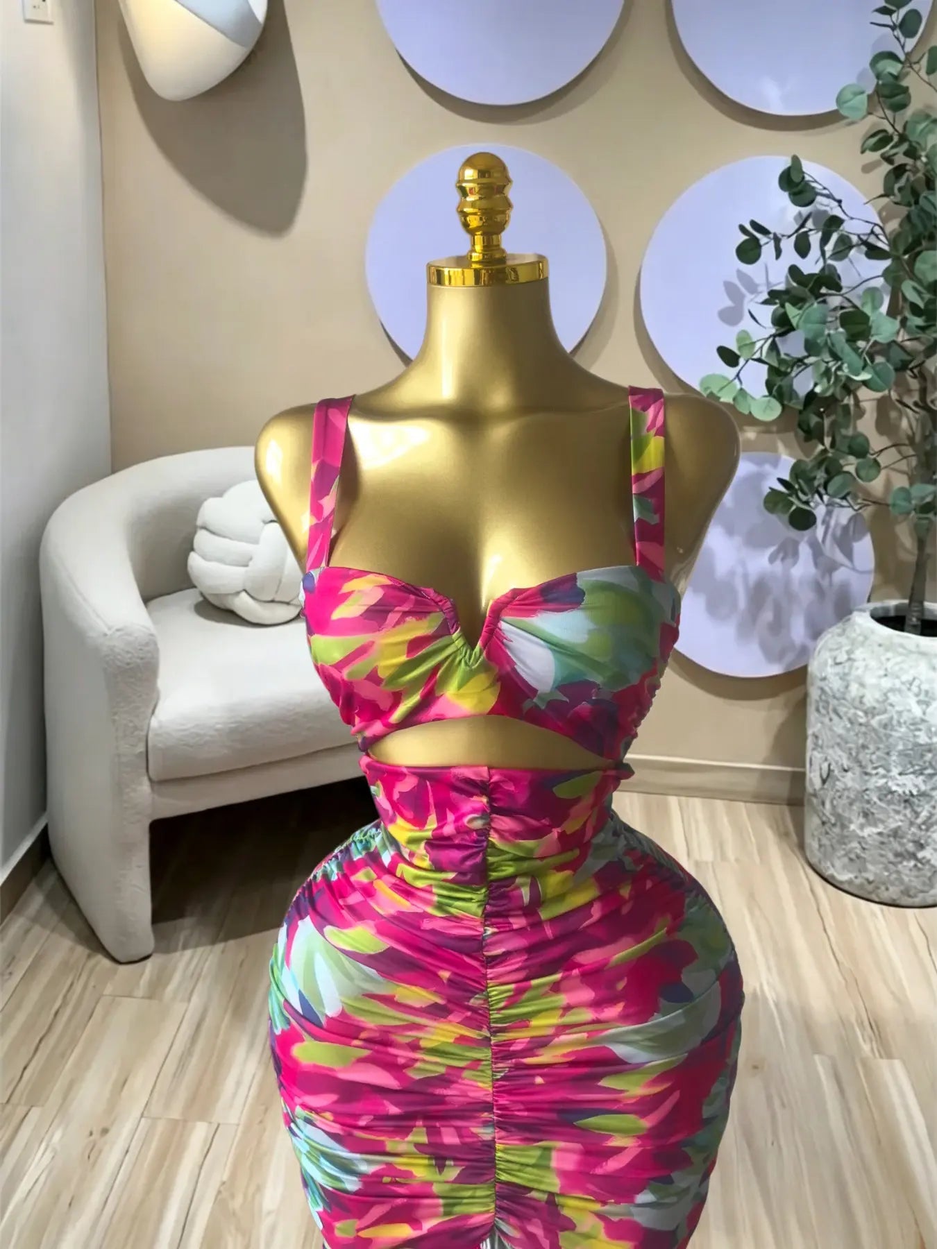 Elegant Women's Tropical Floral Print Cut Out Ruched MIdi Prom Dress, Summer Birthday Party Outfit Club Cocktail Gown, Lady Casual Skirt,Female Brunch Dresses,Graduation Dresses