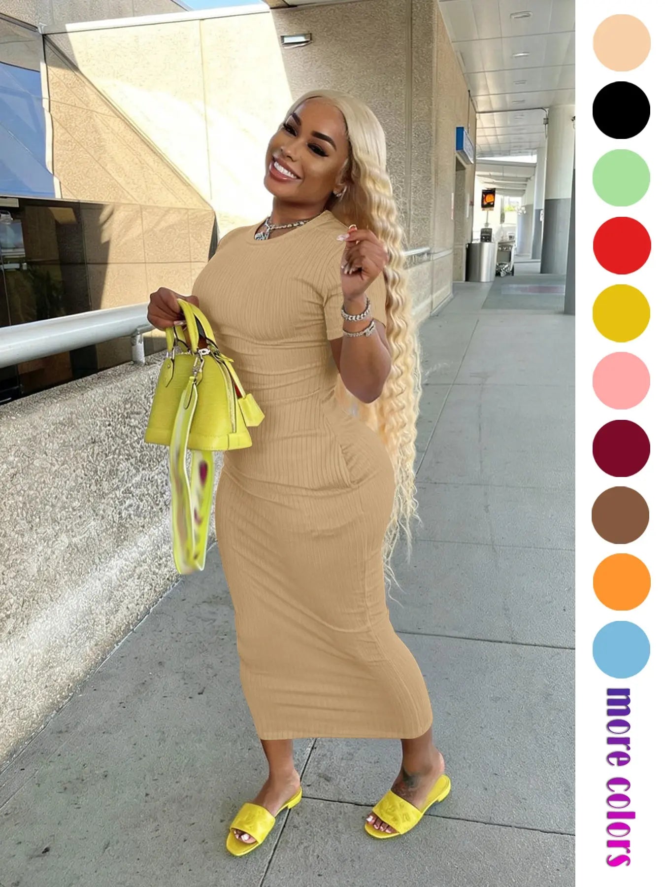 Threaded Elastic Solid Color Bodycon Dress, Breathable Elastic Party Outing Travel Pocket Long Dress, Summer Dress, Everyday Casual Wear, Womenswear