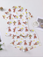 Women's Monkey Banana Print Sleepwear Set, Comfortable Short Sleeve Button Shirt & Loose Elastic Shorts, Fashion Casual Home Wear, Pajama Set, Matching Pj Set, Sleepwear Pajamas Set