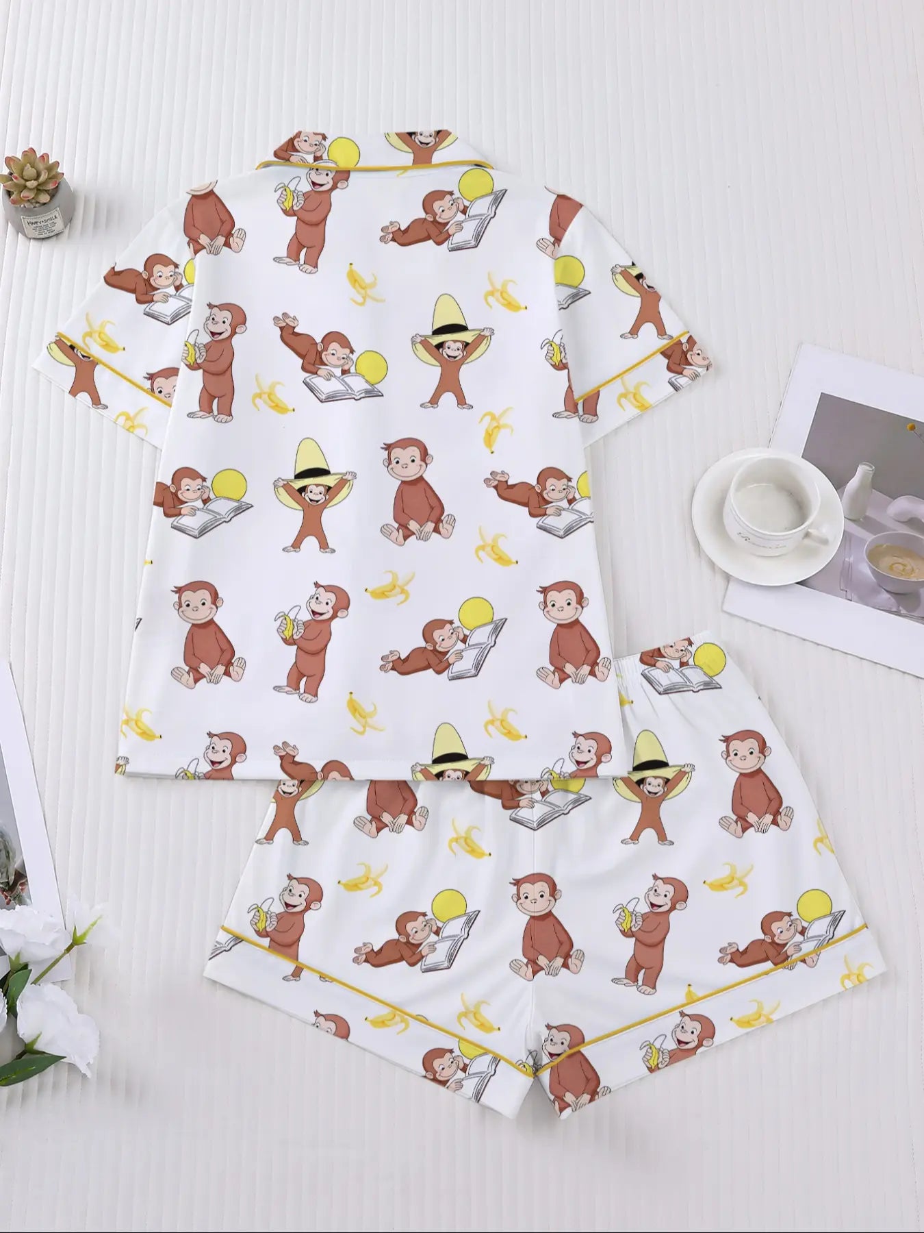 Women's Monkey Banana Print Sleepwear Set, Comfortable Short Sleeve Button Shirt & Loose Elastic Shorts, Fashion Casual Home Wear, Pajama Set, Matching Pj Set, Sleepwear Pajamas Set