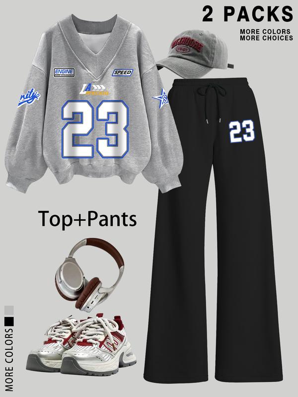 Women's V Neck Sweater Pants Set, Fashionable Digital Bowknot Print, Straight Leg Elastic Waist, Casual Long Sleeve Pullover