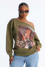 Tupac Motorcycle Off Shoulder Lounge Sweatshirt - Dark Olive