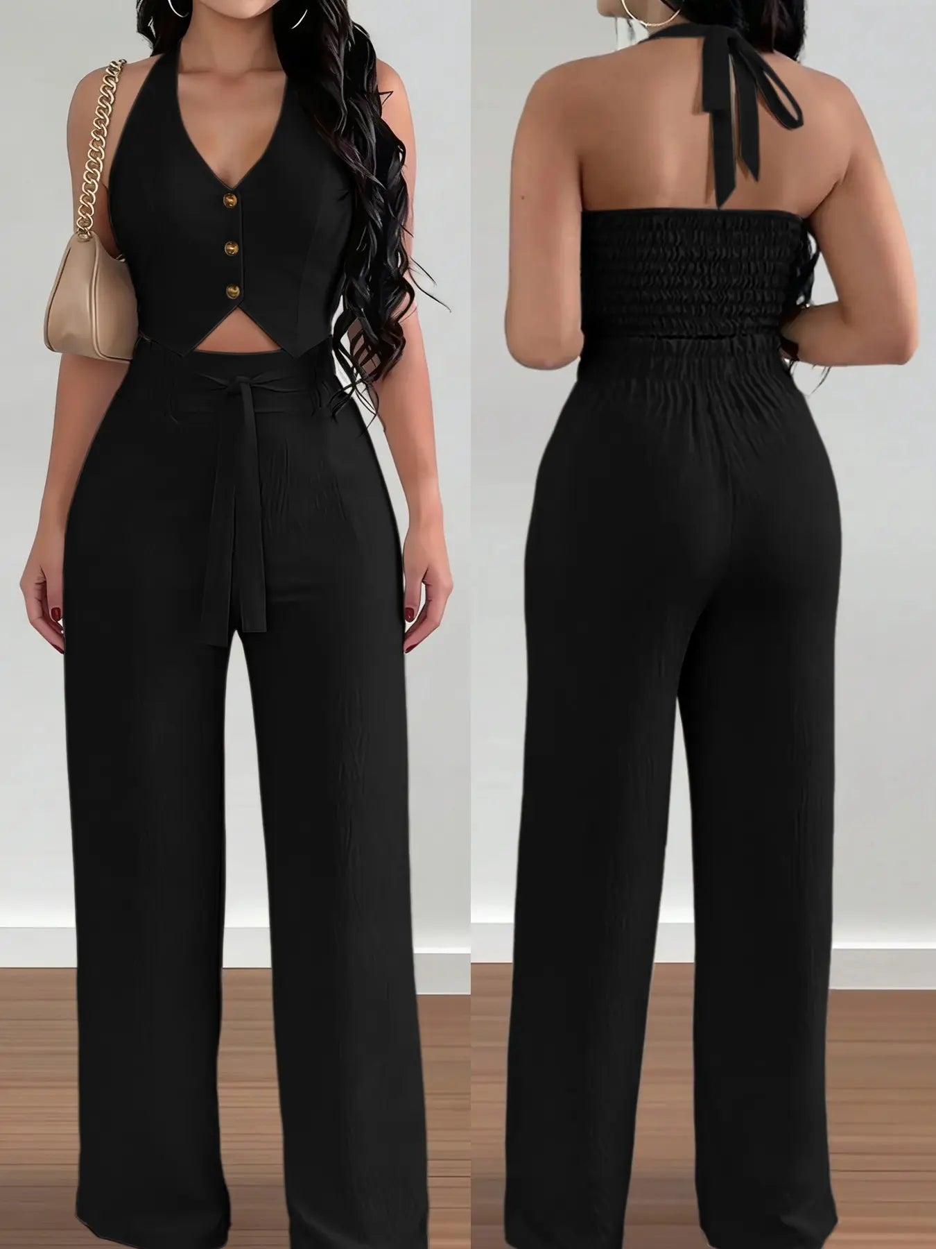 Women's Halter Crop Top & Wide-Leg Pants Set - Comfortable Woven Material
