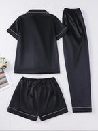 Women's Solid Satin Pyjama Three-piece Set