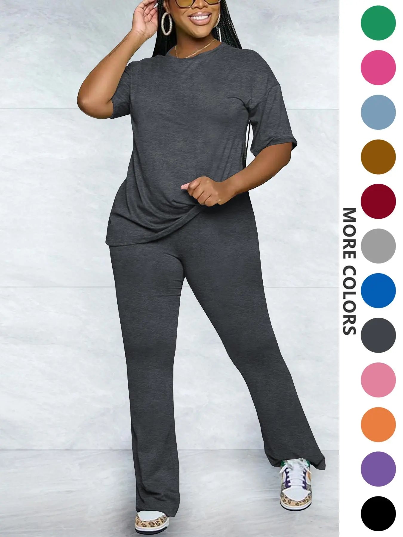 Women's Solid Round Neck Drop Shoulder Fitted Tee & Pants Two-piece Set, Casual Basic Fashion Cozy Half Sleeve T-shirt & Trousers for Daily Outdoor Wear, Women's Clothing for Fall, Casual Loungewear Set