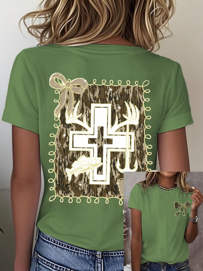 Women's Retro Faith Fishing Hunting Print T-Shirt