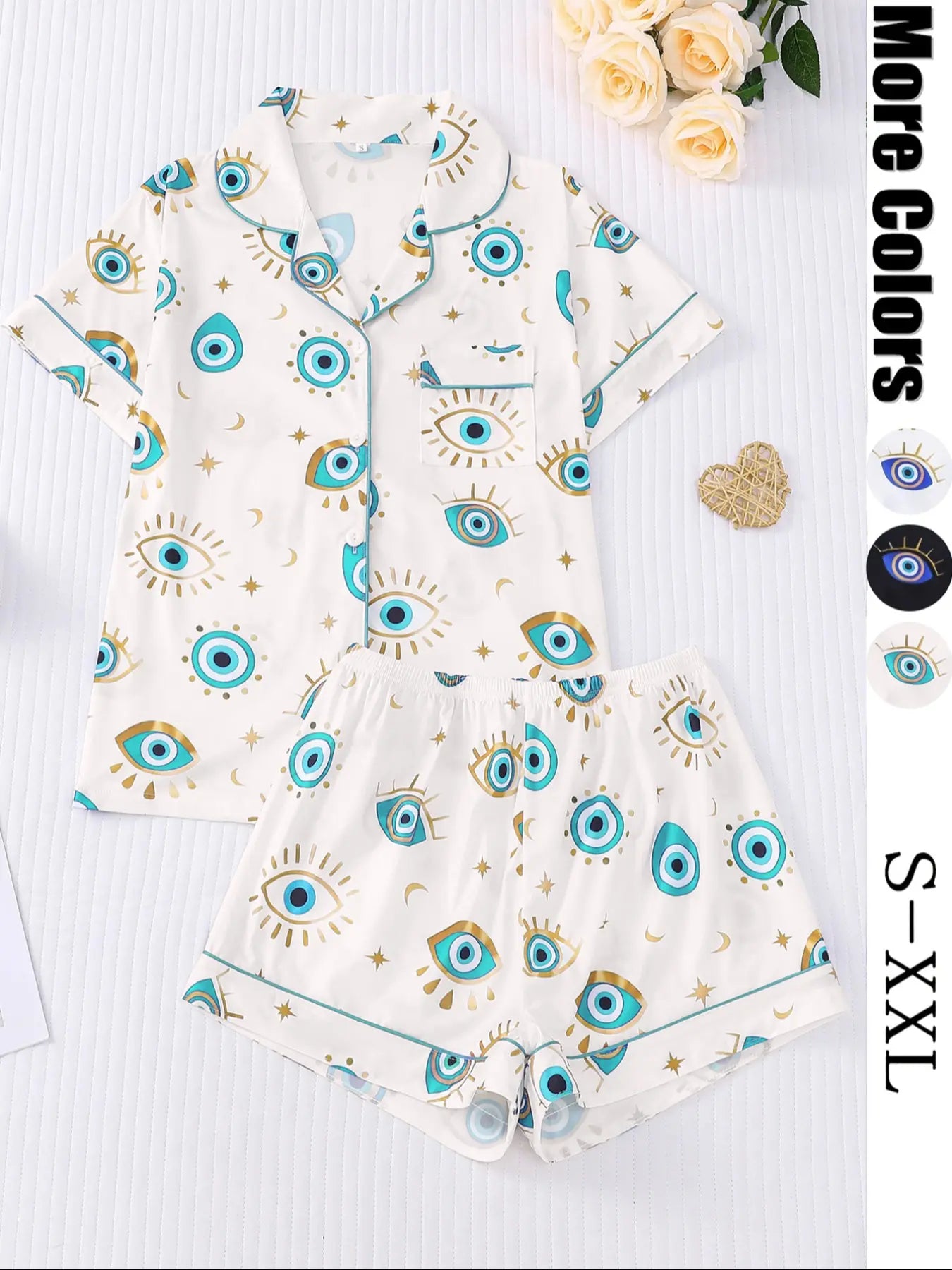 Women's All Over Cartoon Eye Print Short Sleeve Two-Piece Set