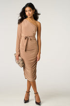 One Shoulder Ruched Slinky Midi Dress