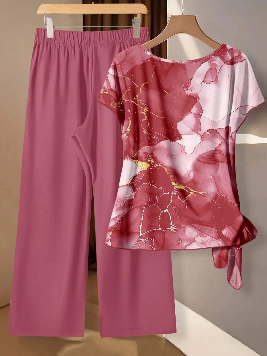Women's Aqua Blue Summer Casual Vacation Holiday 2 Pieces Set,Abstract Floral Pattern Shirt With Tie Bow & Loose Straight Leg Pants,Vintage Style