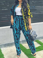 Two-Piece Set Women's Colorblock Leopard Print Button Front Blouse & Elastic Waist Printed Pants Set, Casual Chic Street Half Sleeve Collared Top & High Waist Trousers For Daily Wear, Ladies Clothes For All Seasons, Womenswear Suits