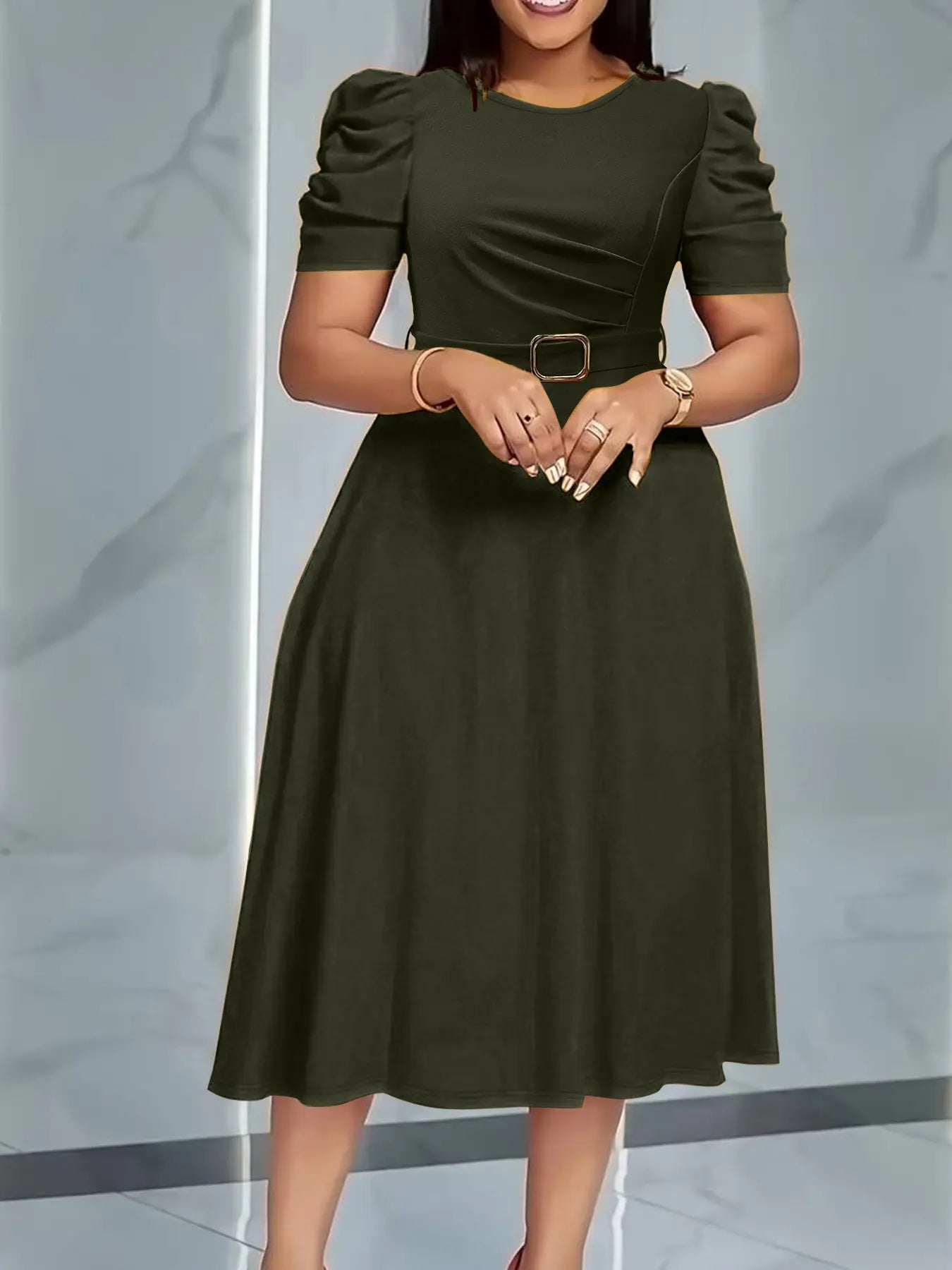 Summer Camel Bubble Sleeve Midi Dress with Waist Belt
