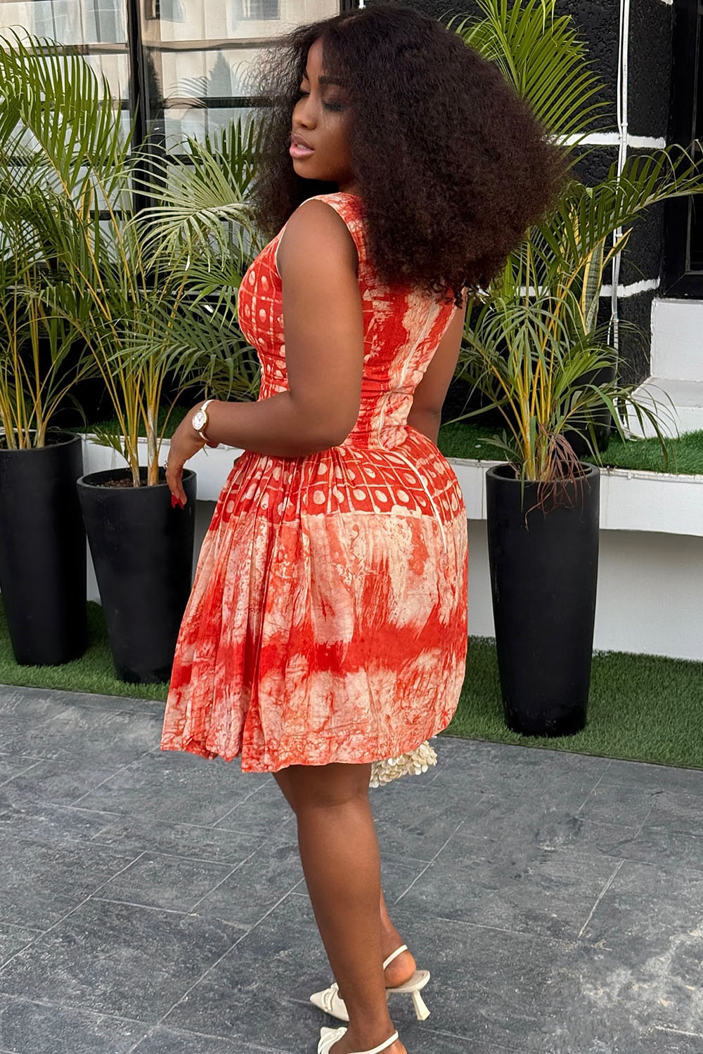 Boat Neck Retro Print Ruched Sleeveless Mini Dresses-Red