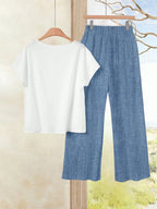 Women's Navy Blue Floral Summer Boho Casual Vacation Holiday 2 Pieces Outfits Plants-Pattern Pants And Round Neck Batwing Sleeve Blouse Woven Set