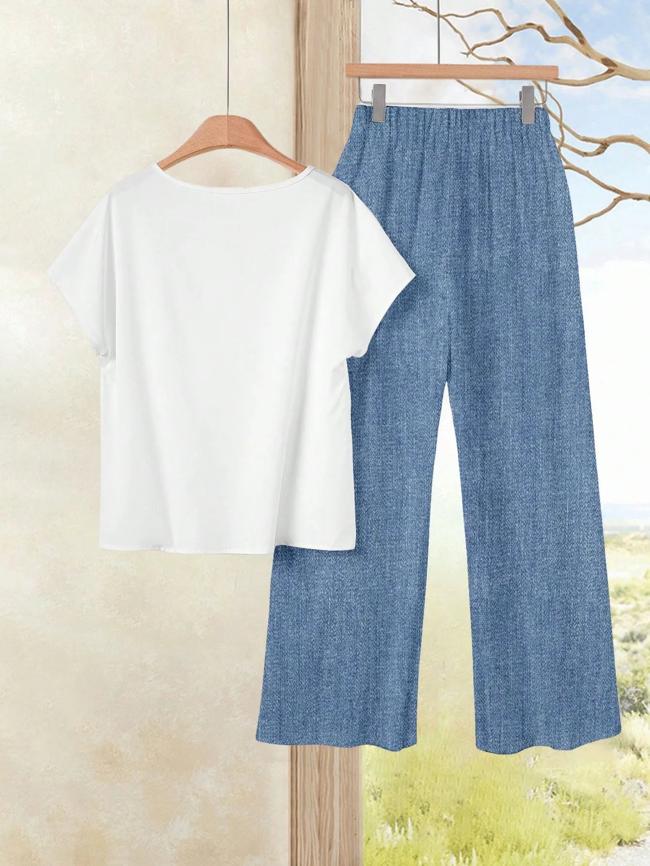 Women's Navy Blue Floral Summer Boho Casual Vacation Holiday 2 Pieces Outfits Plants-Pattern Pants And Round Neck Batwing Sleeve Blouse Woven Set