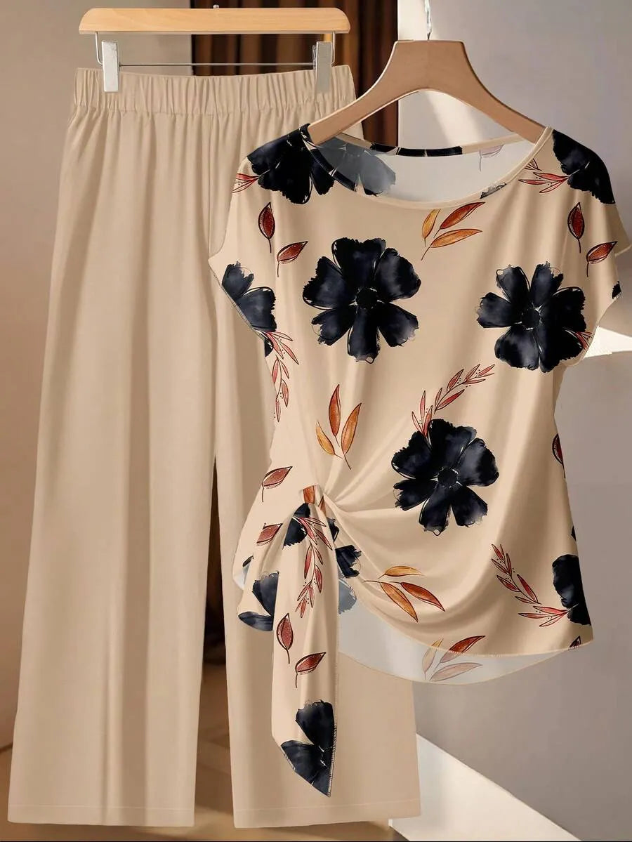 Women's Purple Floral Contrast Color Tie Bow Blouse And Straight Leg Loose Pants 2 Pieces Set,Casual Vacation Summer