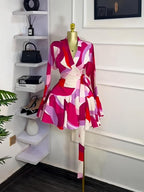 Women's Tie-Dye Print Flare Long Sleeve Dress, V-Neck Bow Hem, Fall Winter Wear, Elegant Vacation Party Birthday Dress